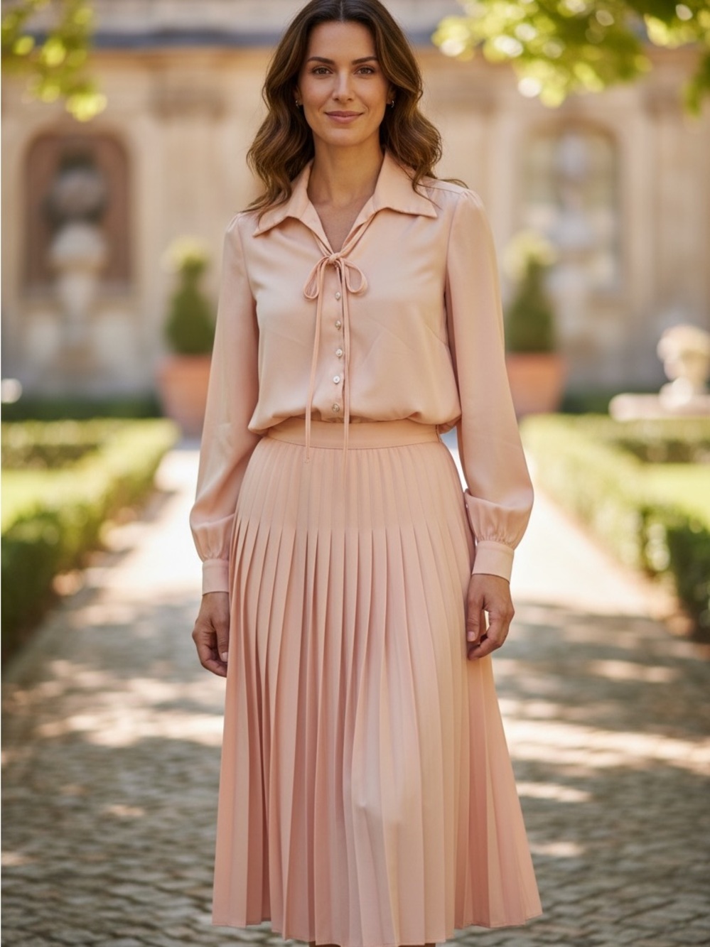 Vintage Alden’s Pleated Peach Midi Skirt & Blouse Set